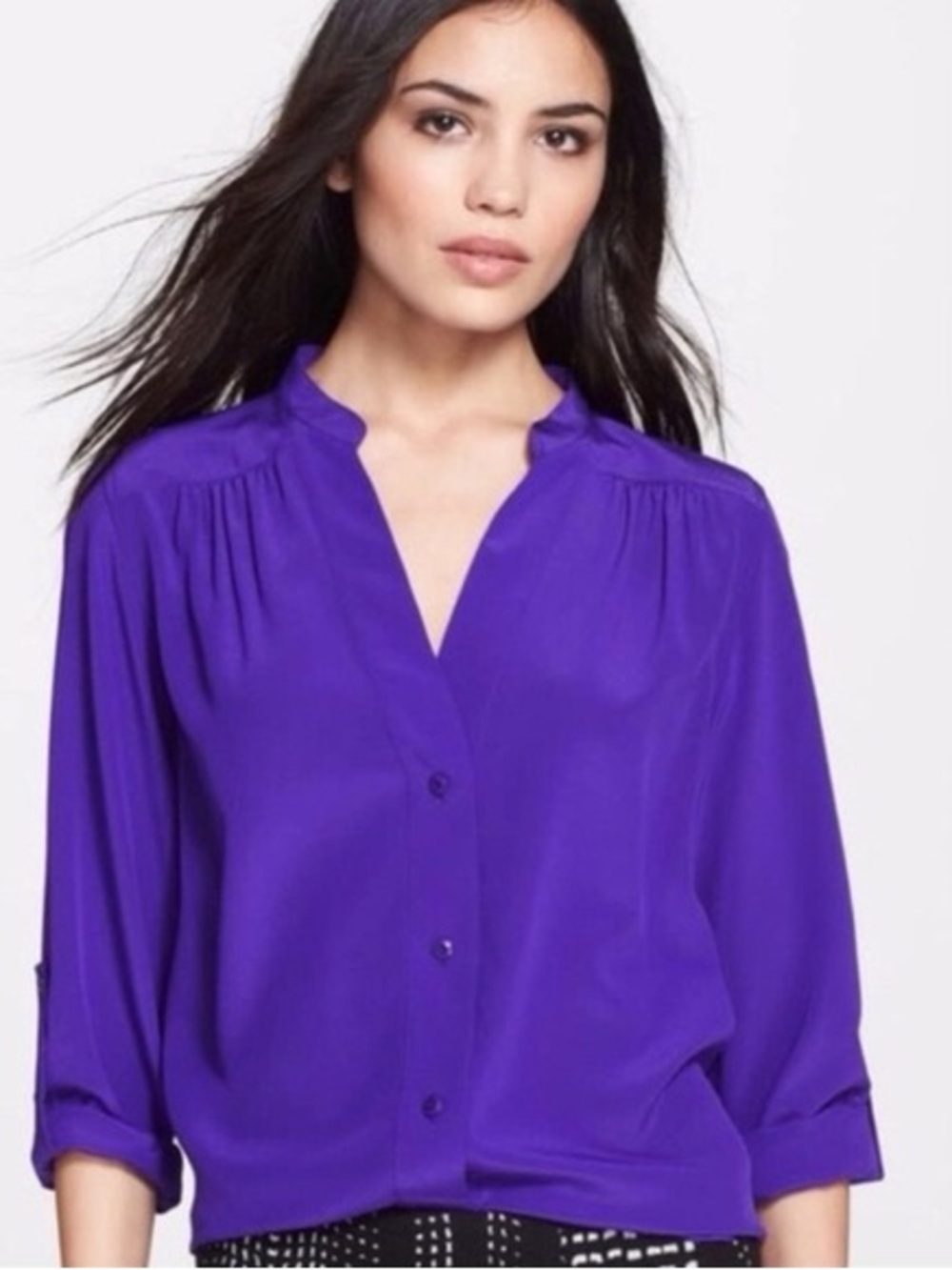 DVF Size 2 Designer Silk Button Down Blouse Purple Office Roll Sleeves Luxury